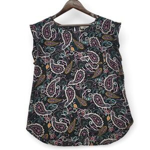 LOFT Women M Blouse Polyester Black Paisley Boho Sleeveless Tank Top Lightweight